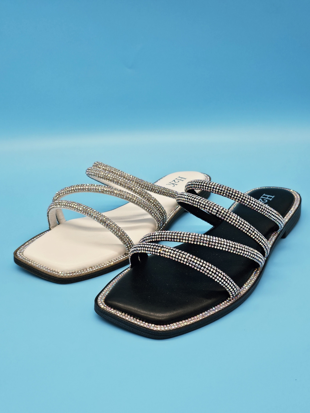 Rhinestone Strappy Slide Sandals - Black and White